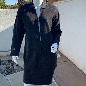 Blackish Grey Button-Up Cardigan and Skirt Set